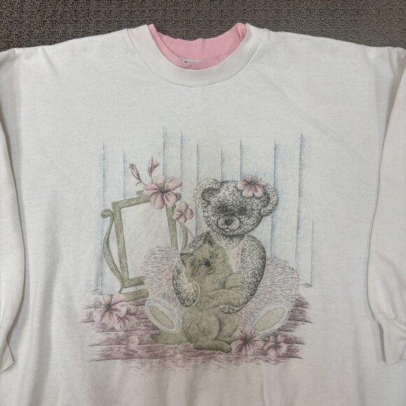 Vintage Pullover Sweatshirt Medium Lightweight Fleece Teddy Bear Kitten Coquette - Picture 8 of 13